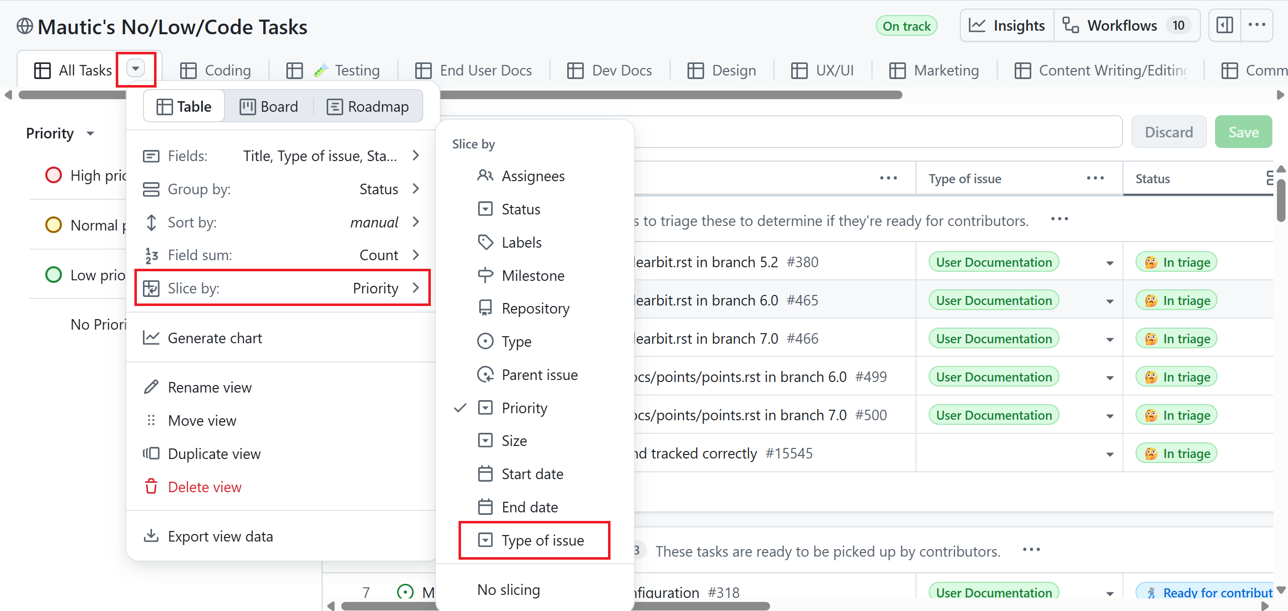 Highlight of the all tasks dropdown menu, slice by, and type of issue options at GitHub projects board