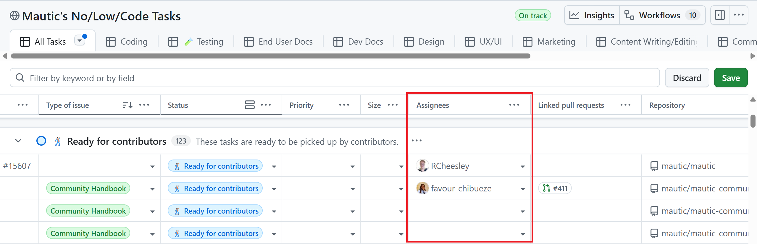 Highlight of the assignees column at the GitHub projects board