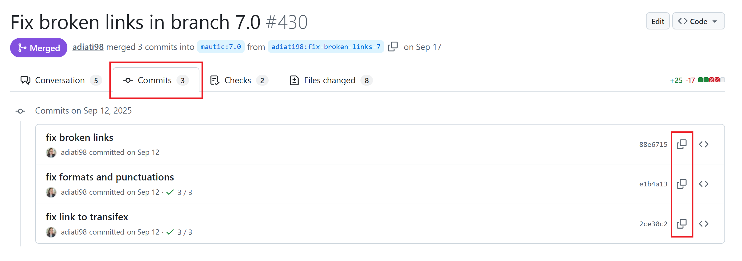 Commits tab, list of commits, and copy icon button to copy the full SHA value on GitHub