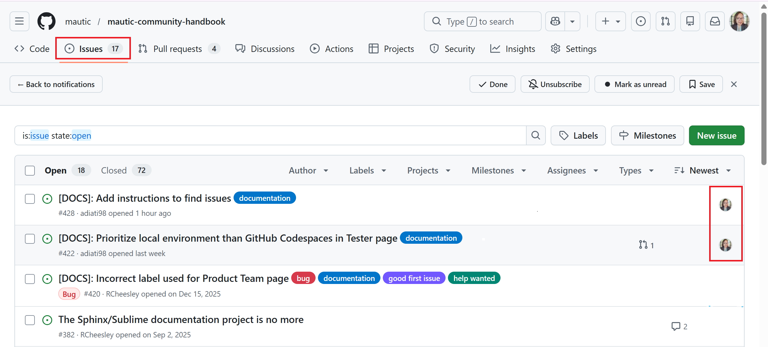 Highlight of Issues tab and assignees on GitHub