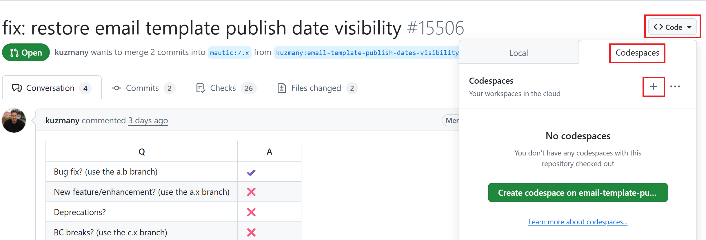 Highlight of Code button and Codespaces tab