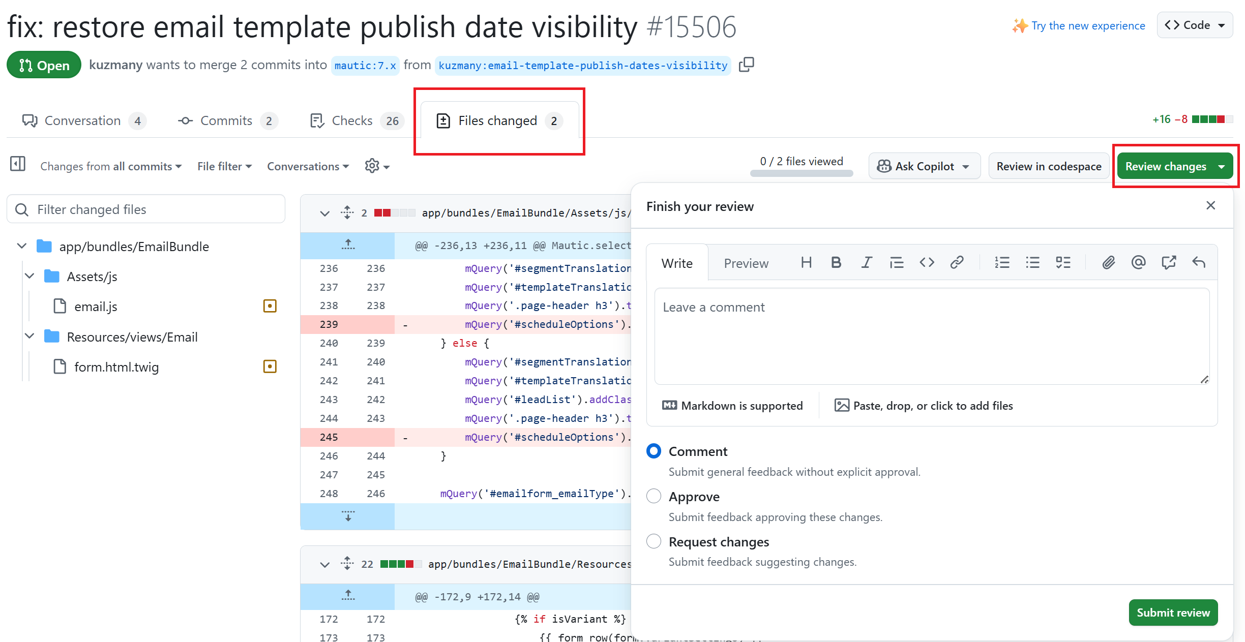 A PR review page at GitHub, highlighting the files changed and review changes buttons