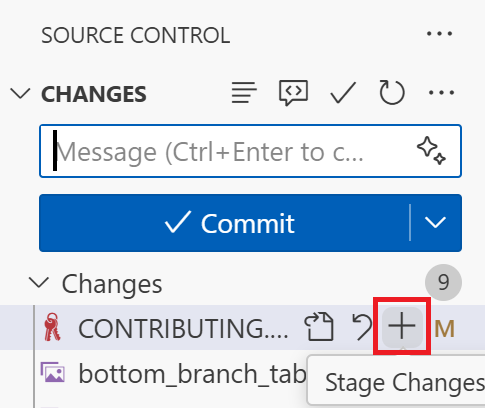 Highlight plus icon to add files to the staging area, commit message input, and commit button at Source Control in VS Code
