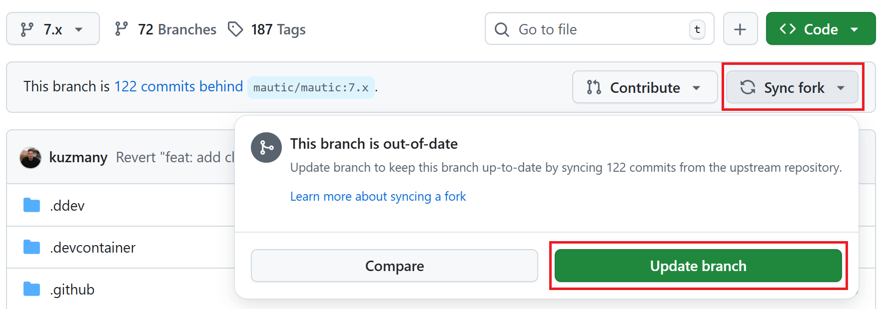 Highlight of the sync fork, update branch, and code buttons at GitHub