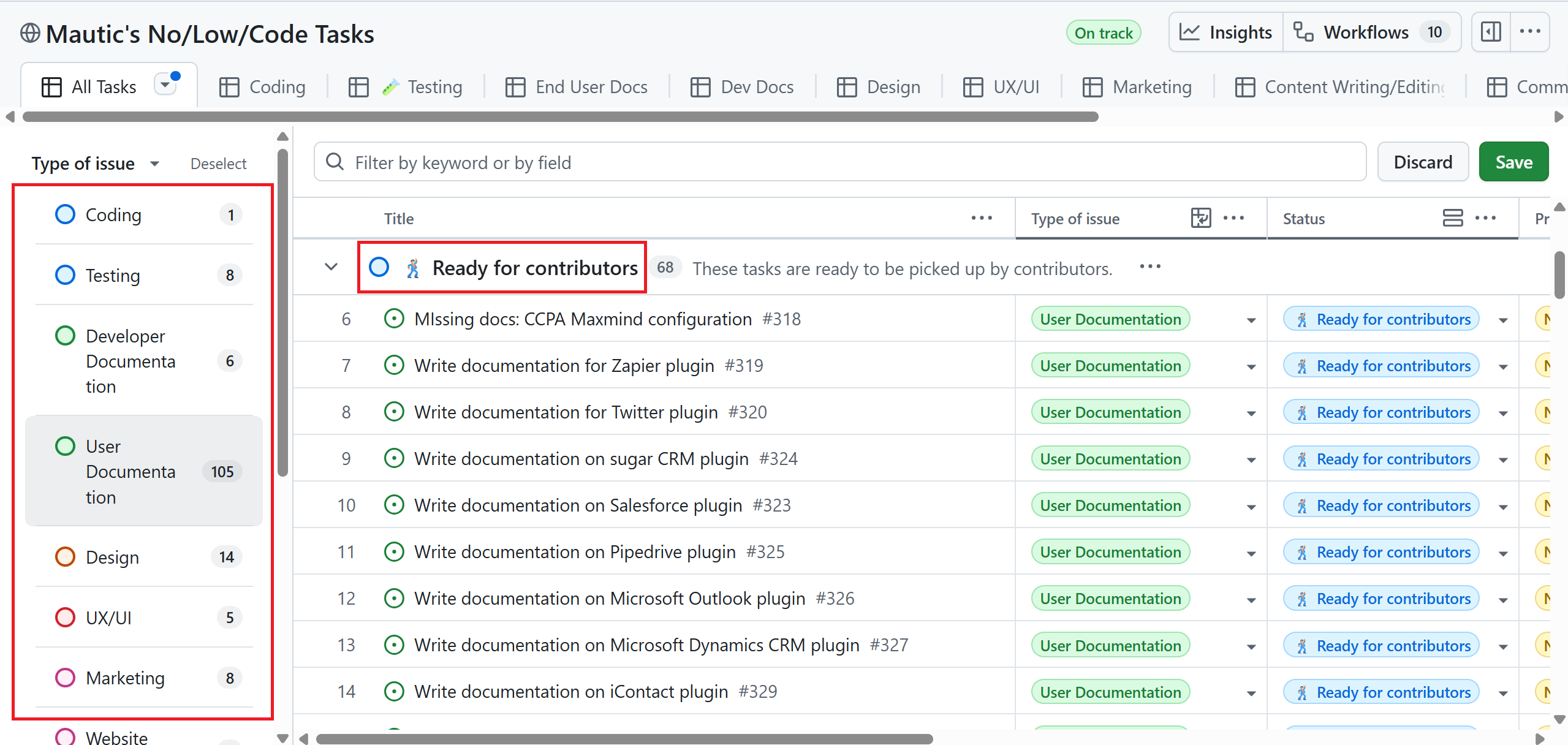 The type of issue list and Ready for contributors group at Mautic's low-no-code GitHub projects board